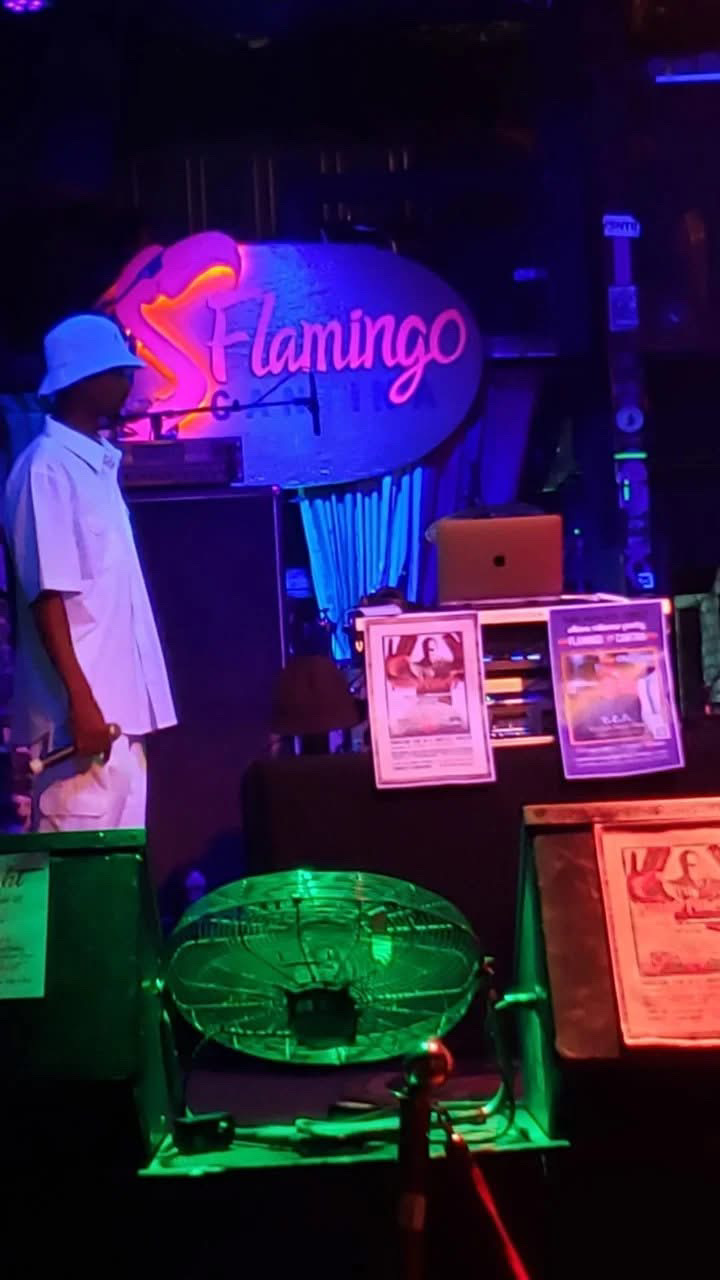 Person wearing a white hat and shirt stands near a bar with illuminated screens and a neon sign reading 'Flamingo'.