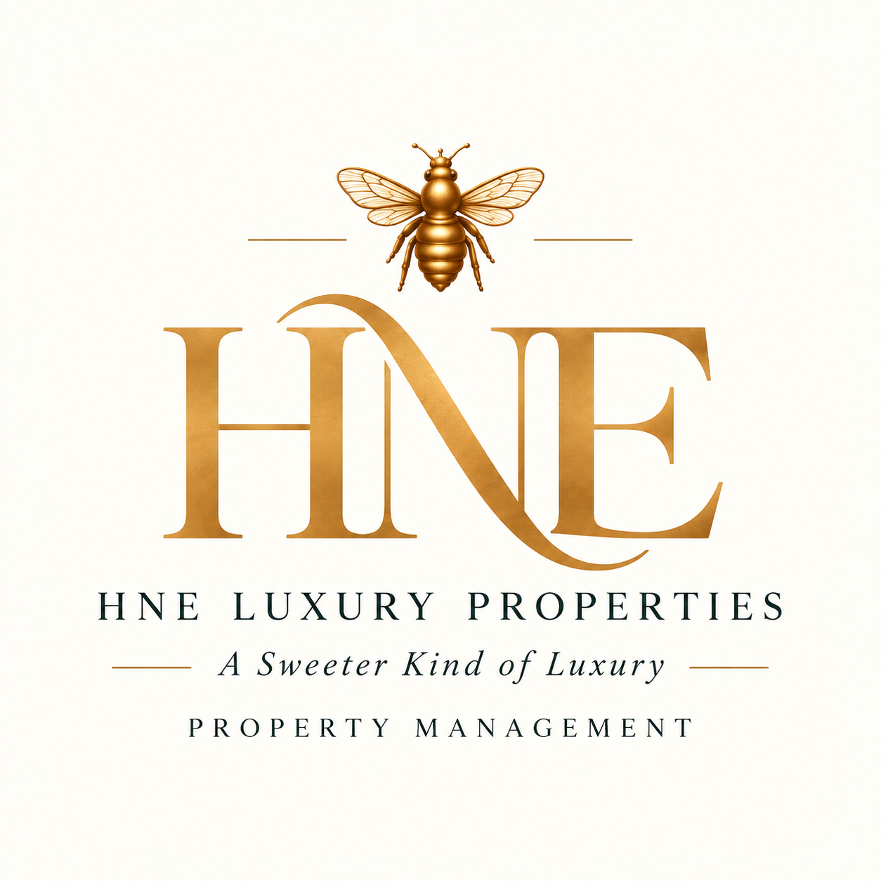 Logo with a bee above the text 'HNE' and 'HNE Luxury Properties' below, featuring gold and black colors.