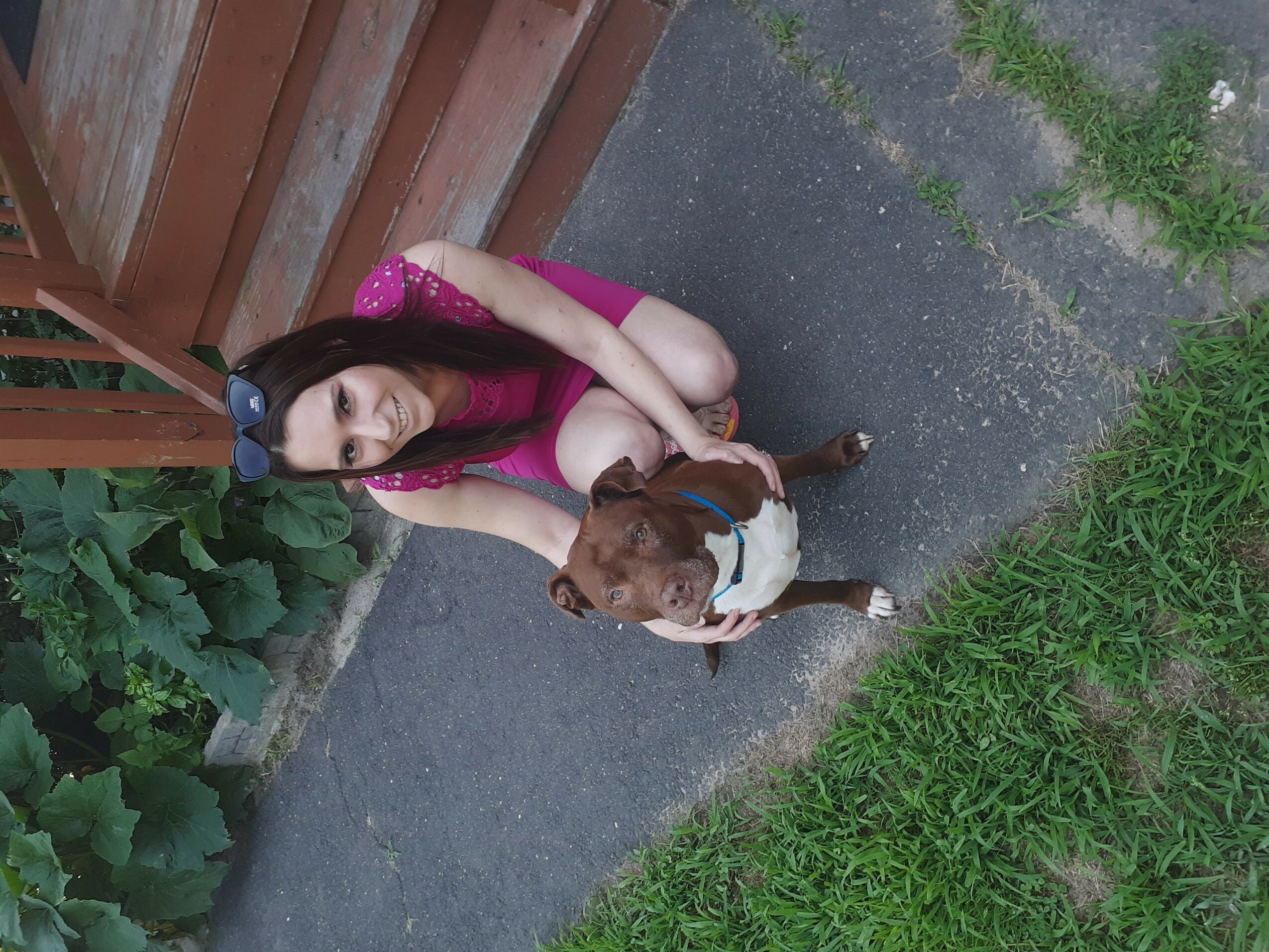 Young woman with long dark hair crouching on sidewalk, holding a brown and white dog, near a wooden fence and green plants.