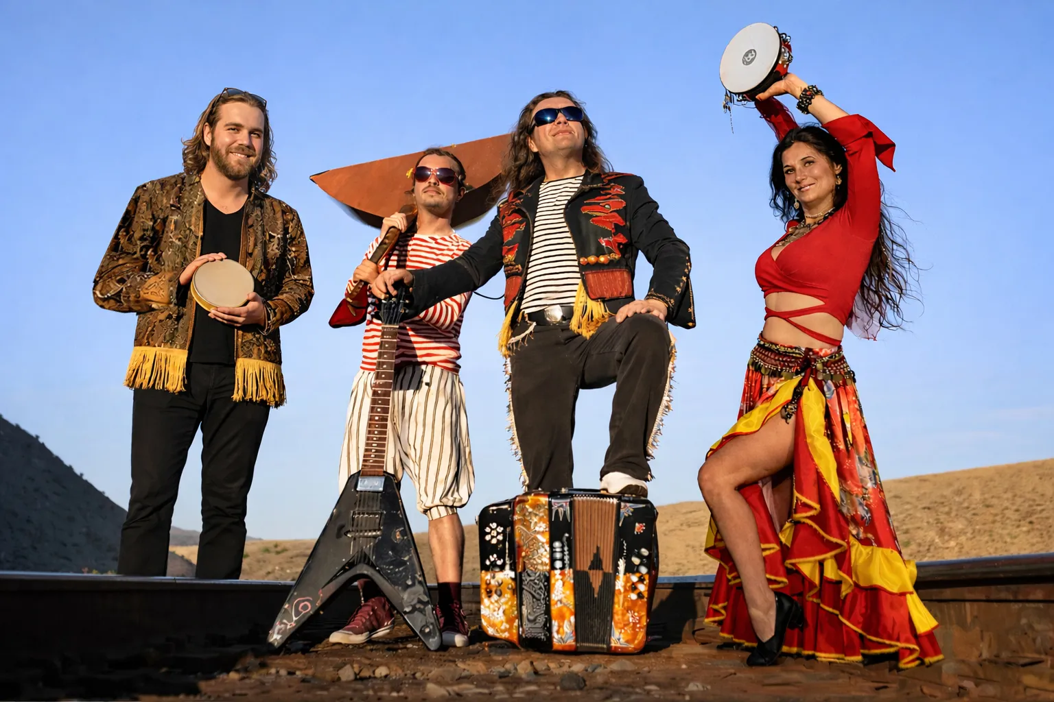 Four performers in colorful costumes stand outdoors with musical instruments and luggage, against a clear blue sky.