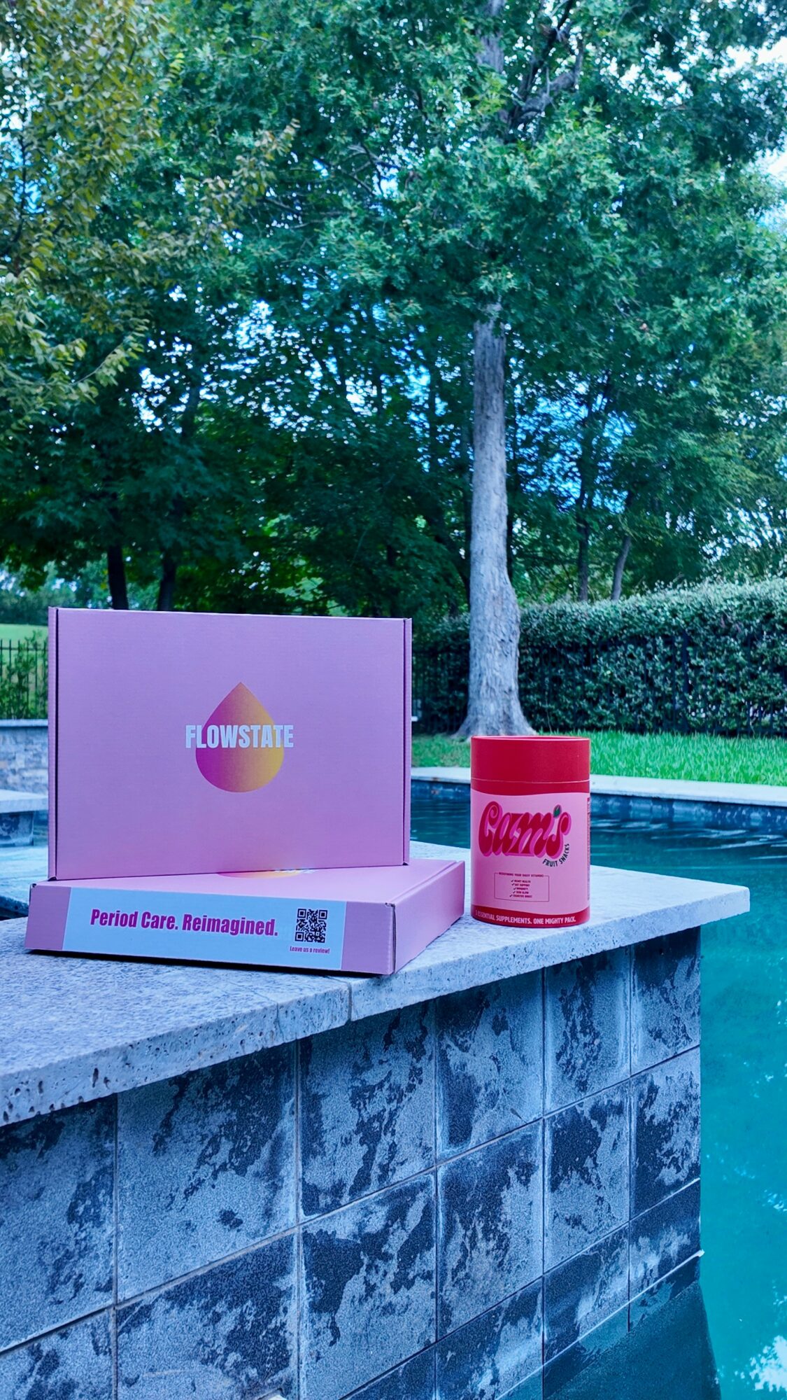 Pink box and red mug on a stone ledge near a pool with trees in the background.
