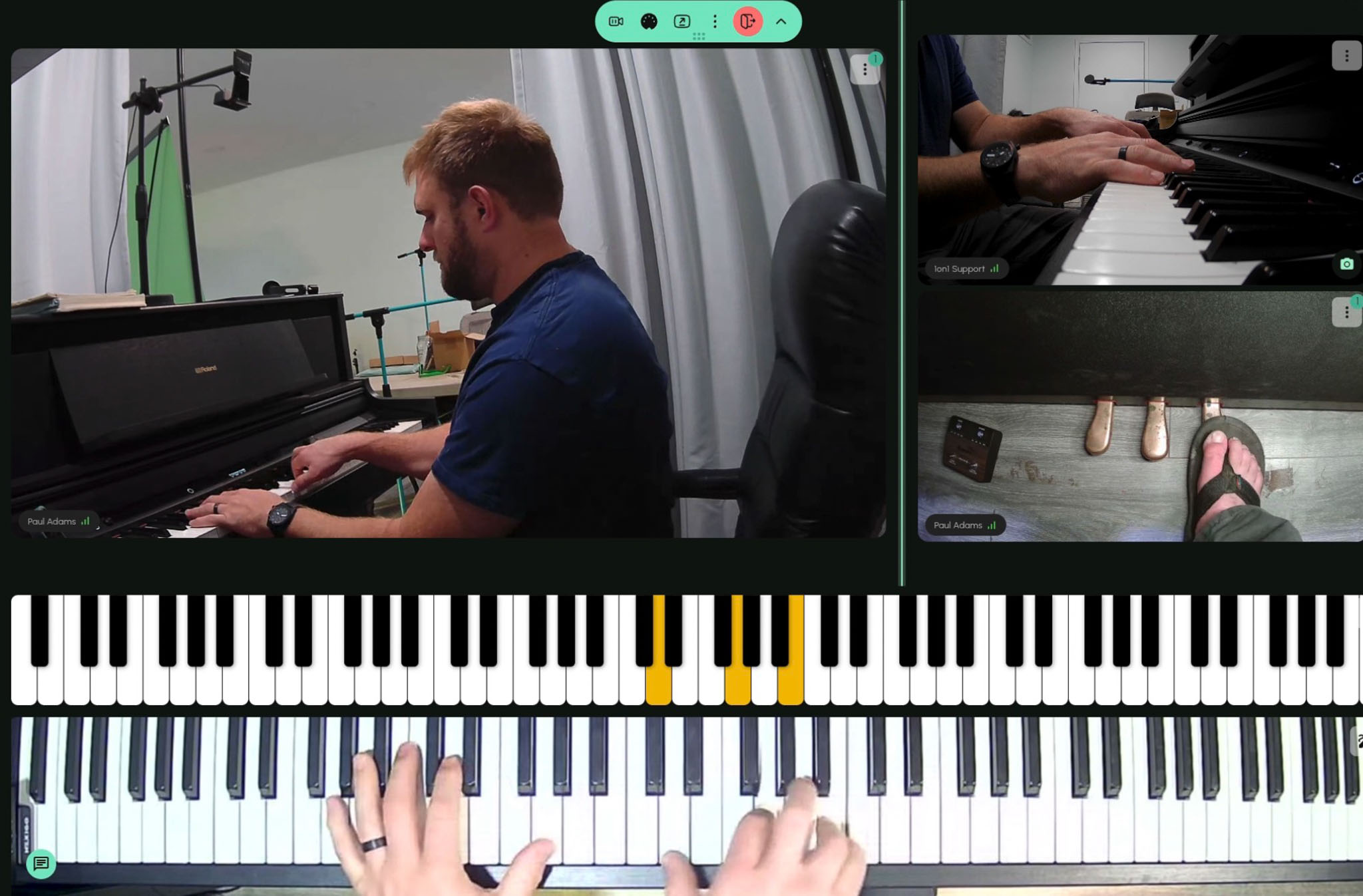 Person playing piano in a music studio, with a close-up of feet on the pedals and hands on the keys, 20 words.