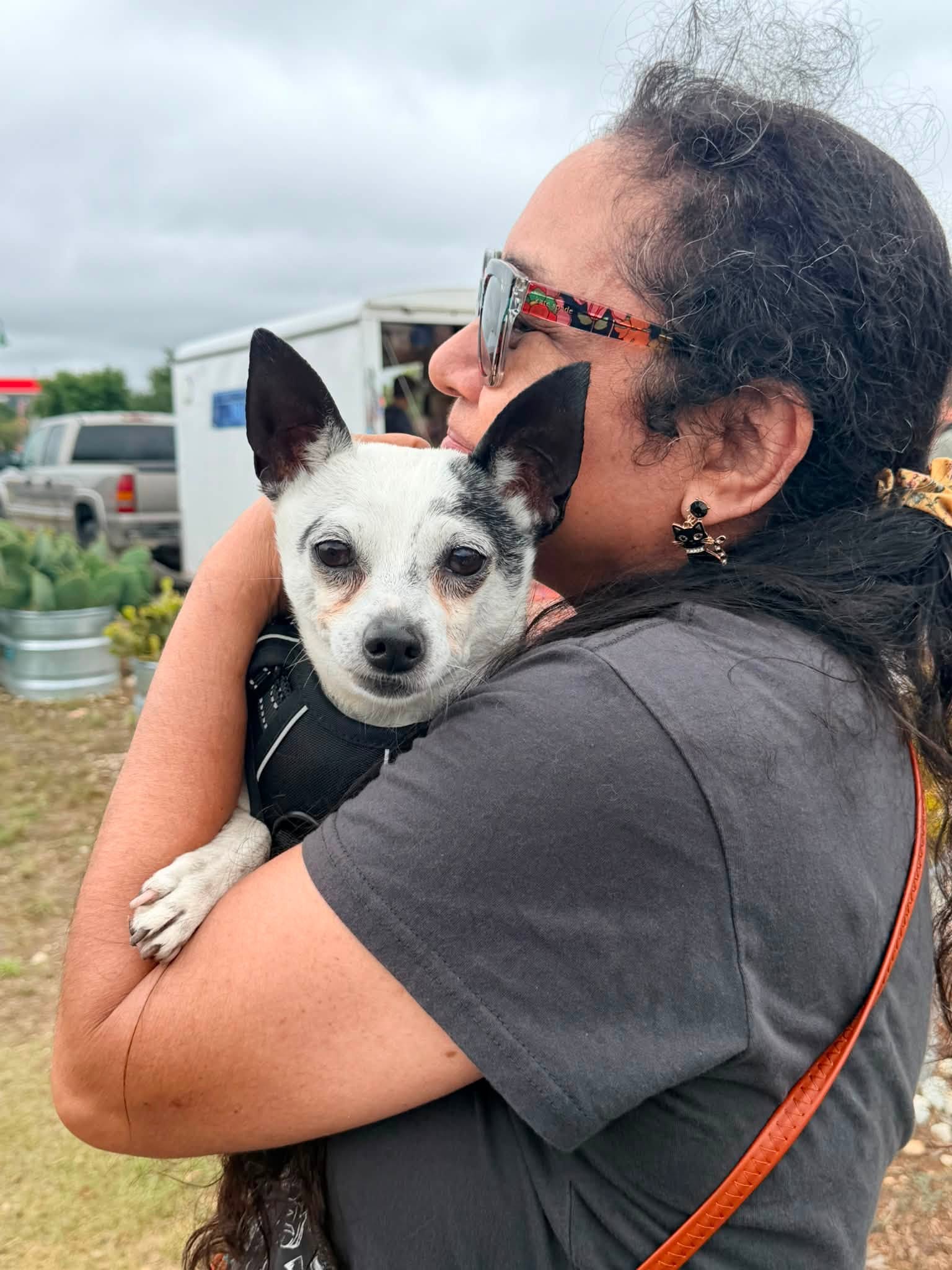 Person hugging a small black and white dog outdoors on a cloudy day.