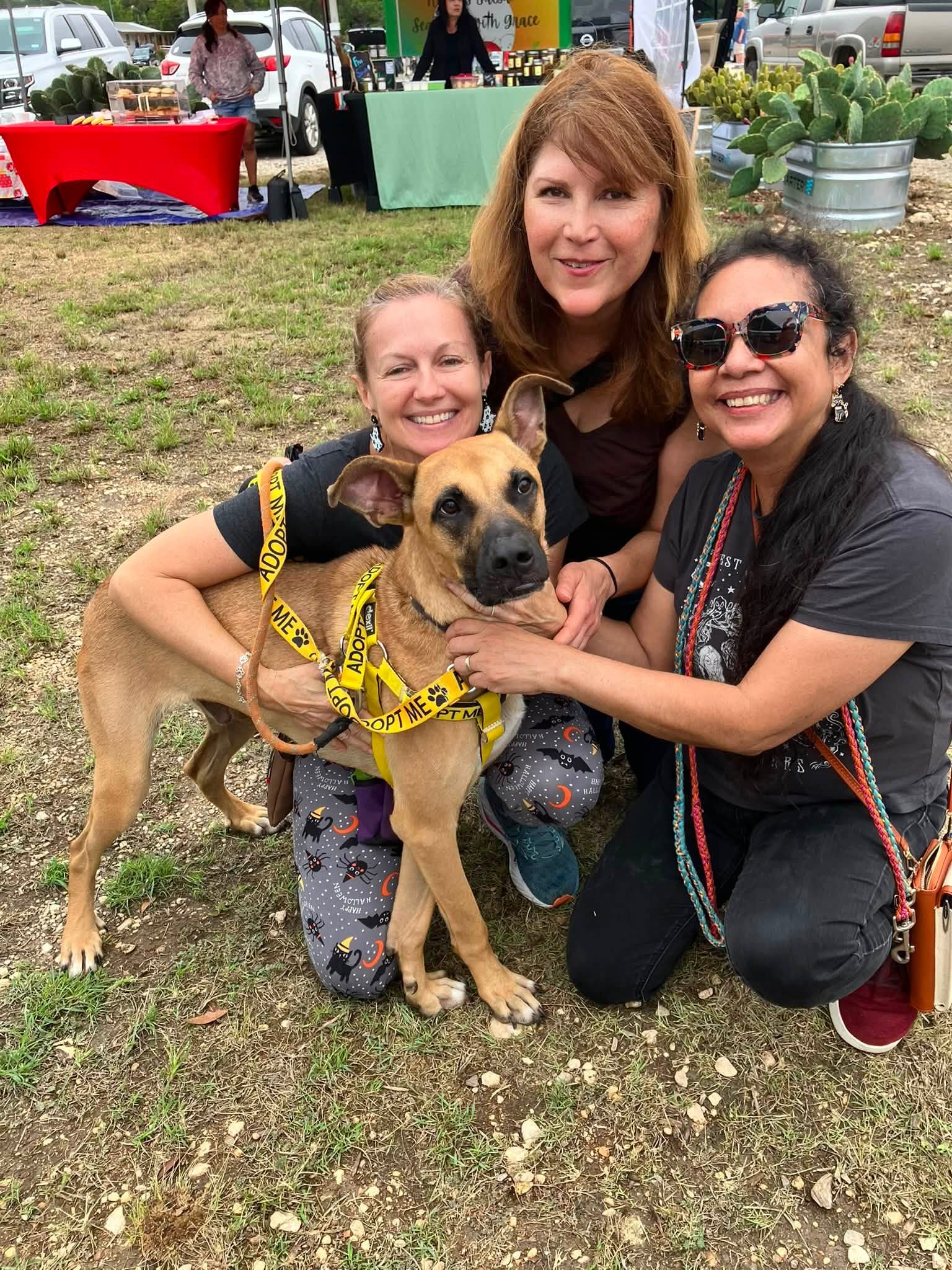 Three women and a dog outdoors at a fair, smiling and hugging, with tents and tables in the background.