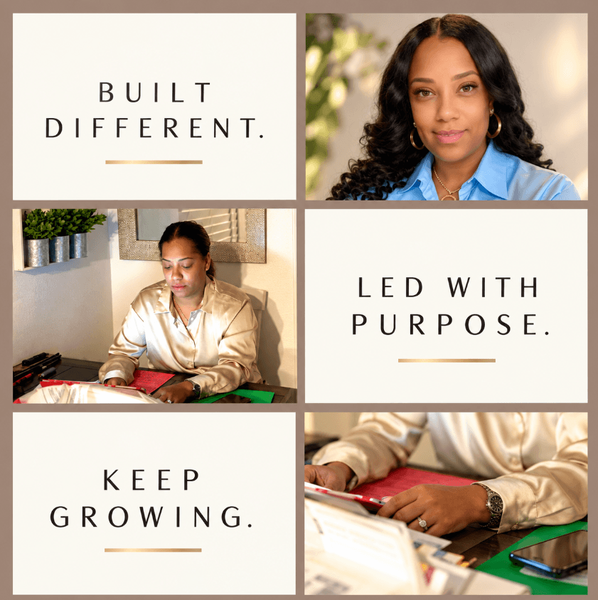 Four panels with motivational quotes and images of women working or posing, including a woman with curly hair and a woman reading. Alt text word count: 20