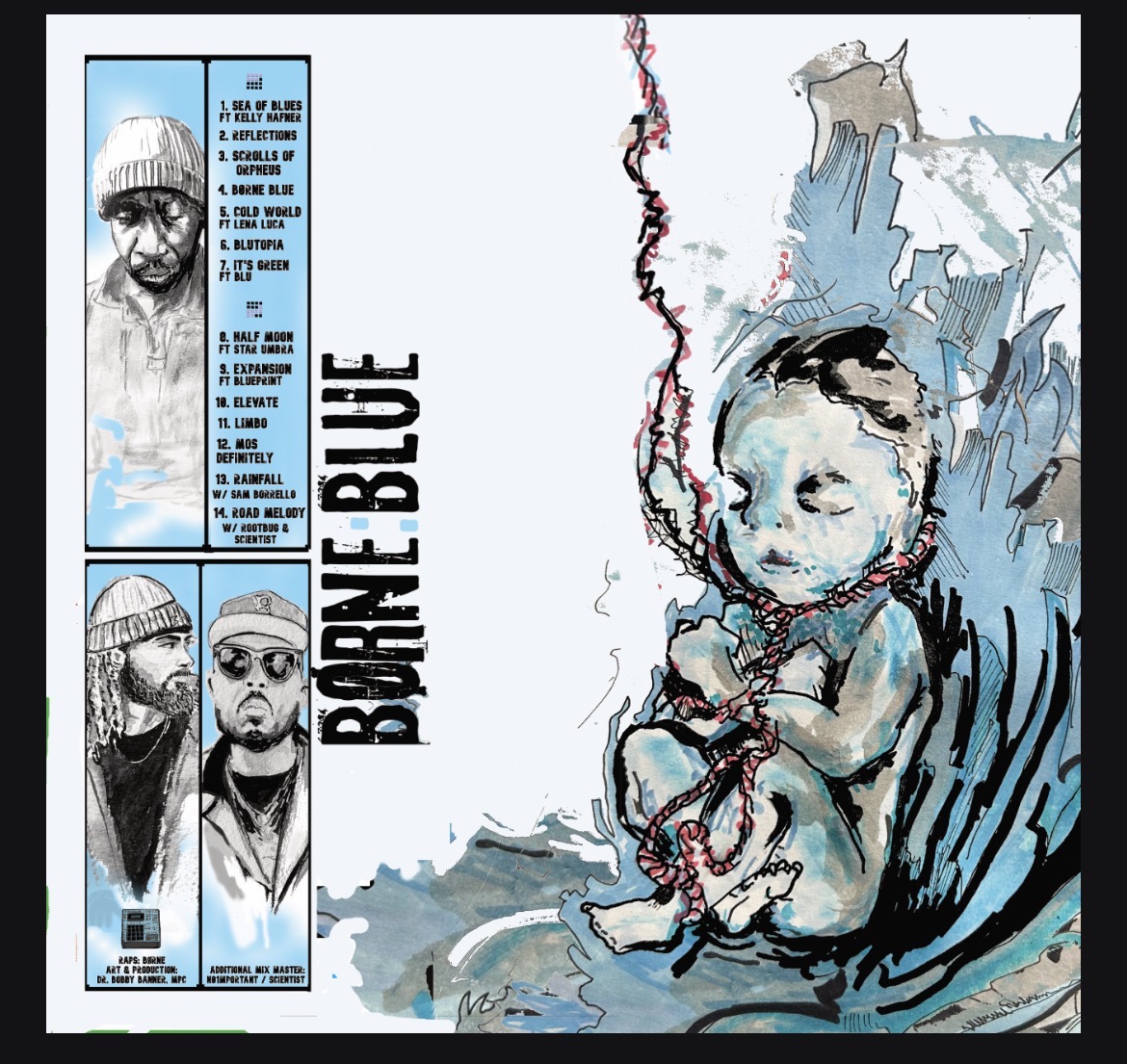 Illustrated comic cover with a seated baby, blue water, and a vertical title beside character panels.