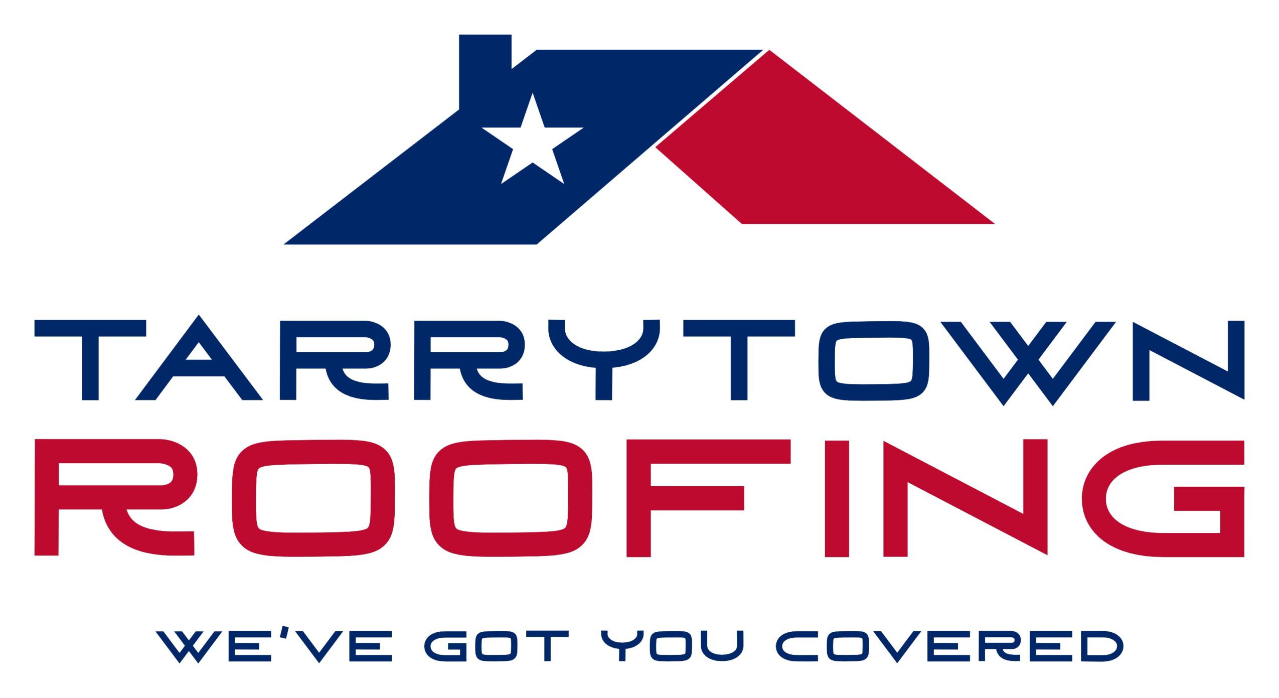 Logo with a house roof, star, and text: Tarrytown Roofing, We've Got You Covered.