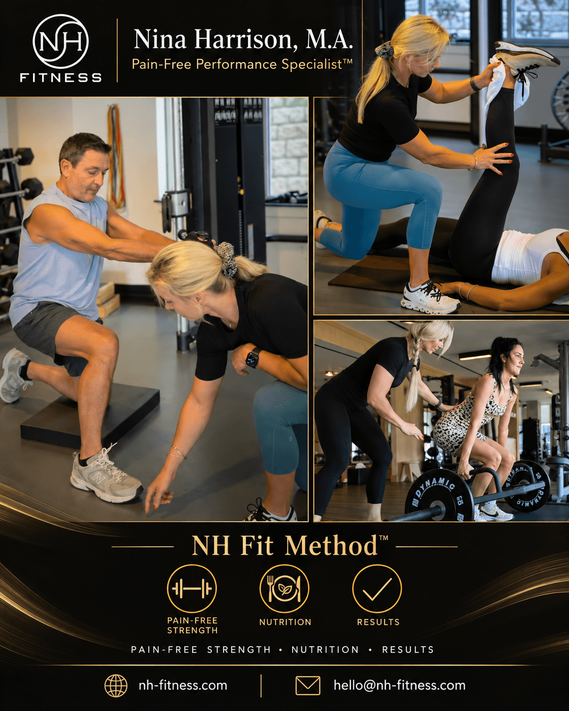 Trainer assisting woman with exercise, woman stretching with trainer, woman lifting weights, trainer guiding woman, all in gym setting.