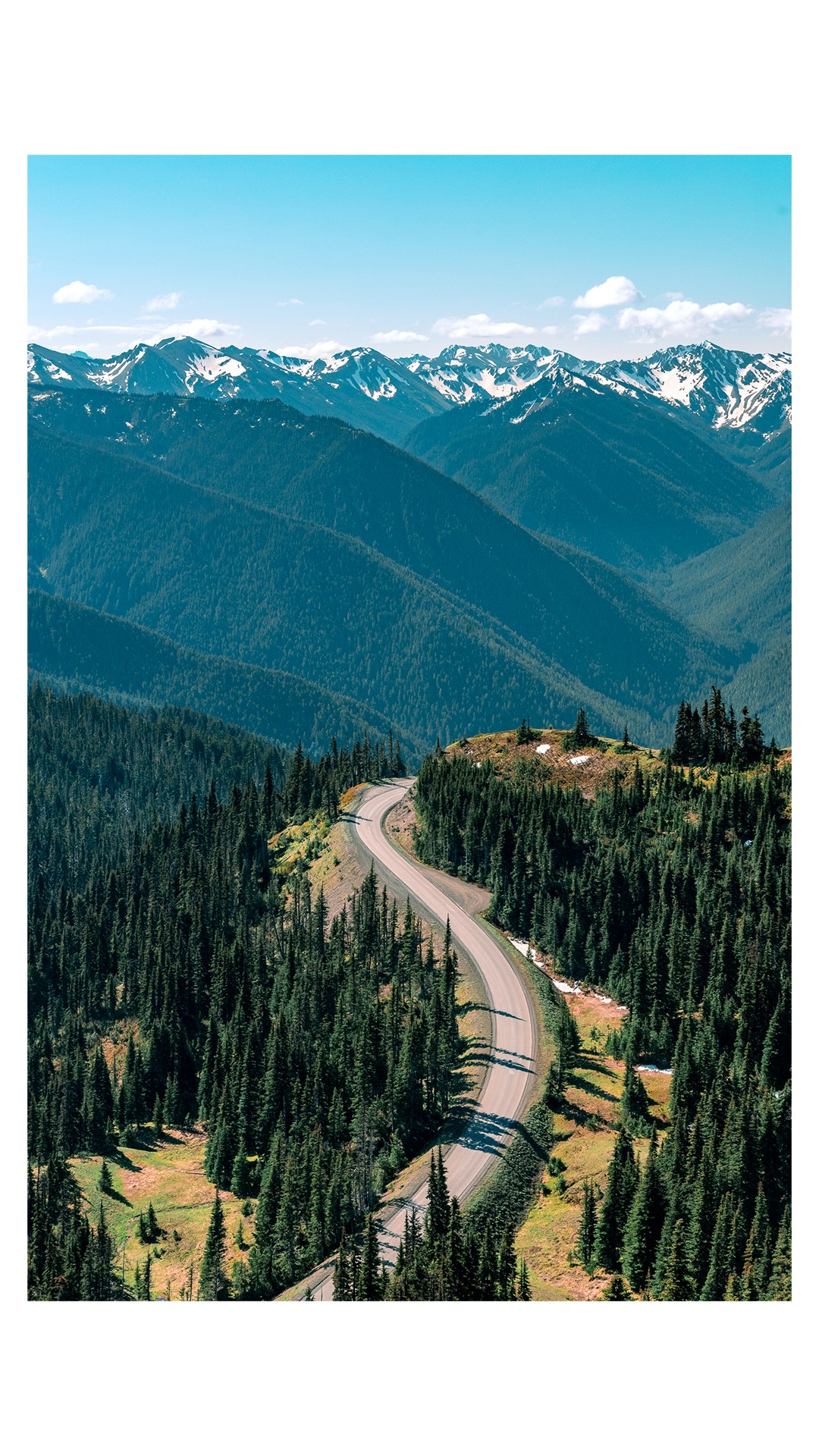 Winding road through forested mountains with snow-capped peaks in the background.