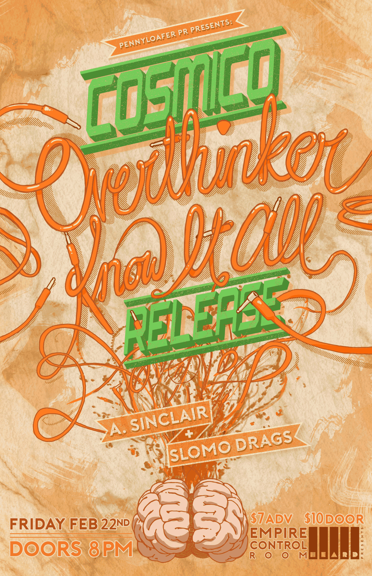 Event poster with colorful text and a brain illustration, promoting a talk titled 'Overthinker You All' at Empire Control, February 22.