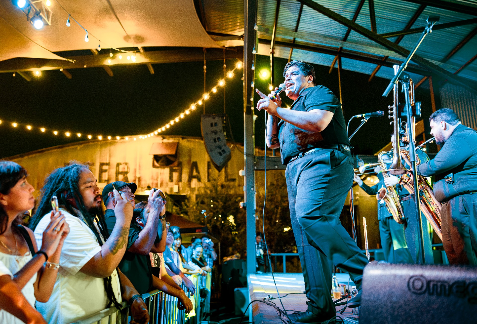 Musician singing on stage with audience watching, string lights overhead, indoor setting, lively atmosphere.