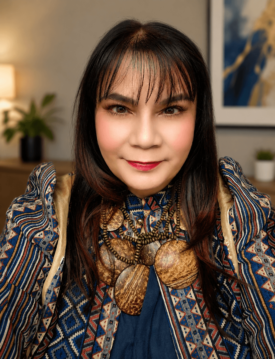 Young woman with dark hair and bangs, smiling, wearing a patterned jacket and necklace, indoors with plants and artwork in background.