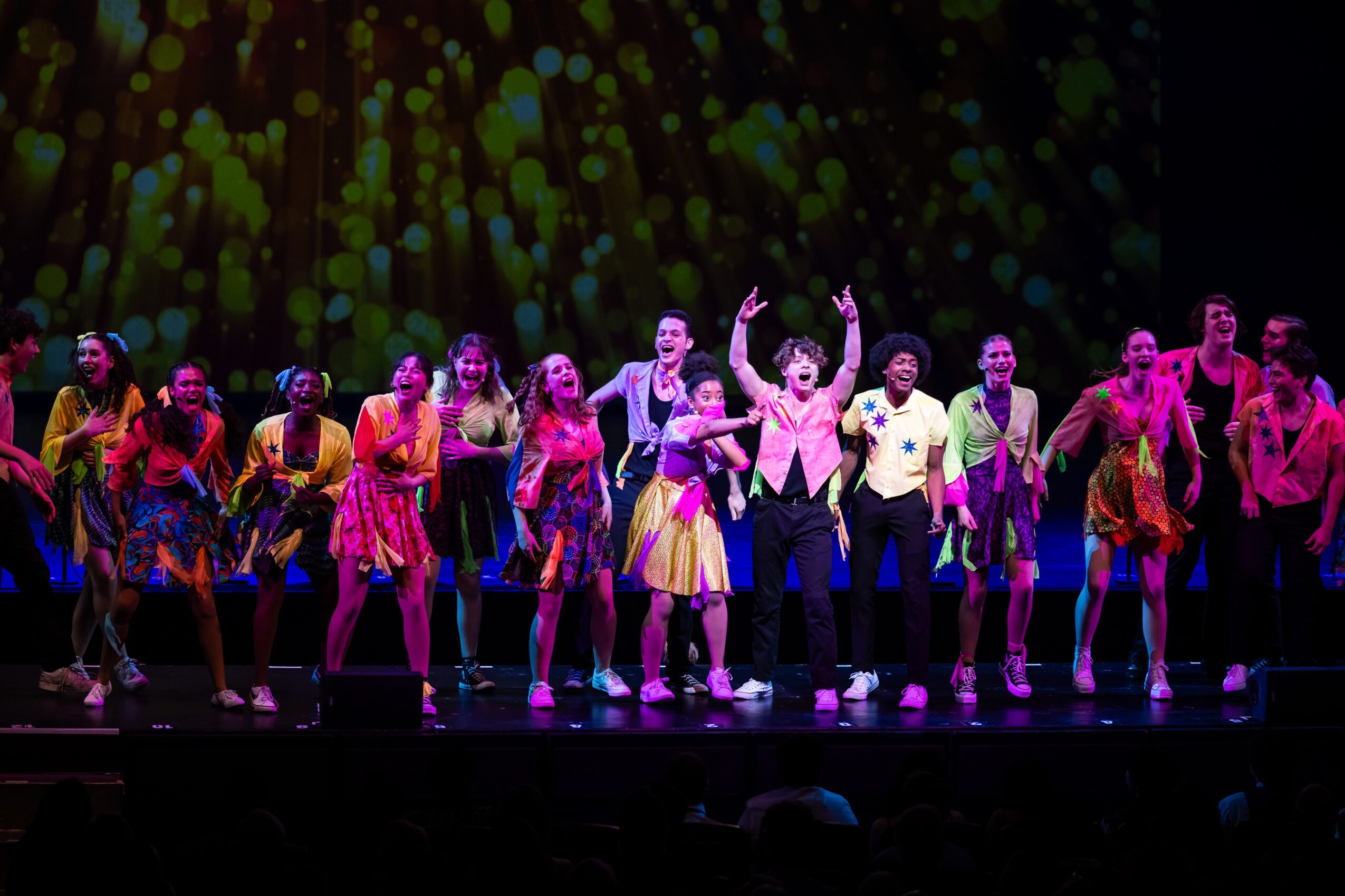 A group of performers takes a bow on a brightly lit stage before a dark audience.