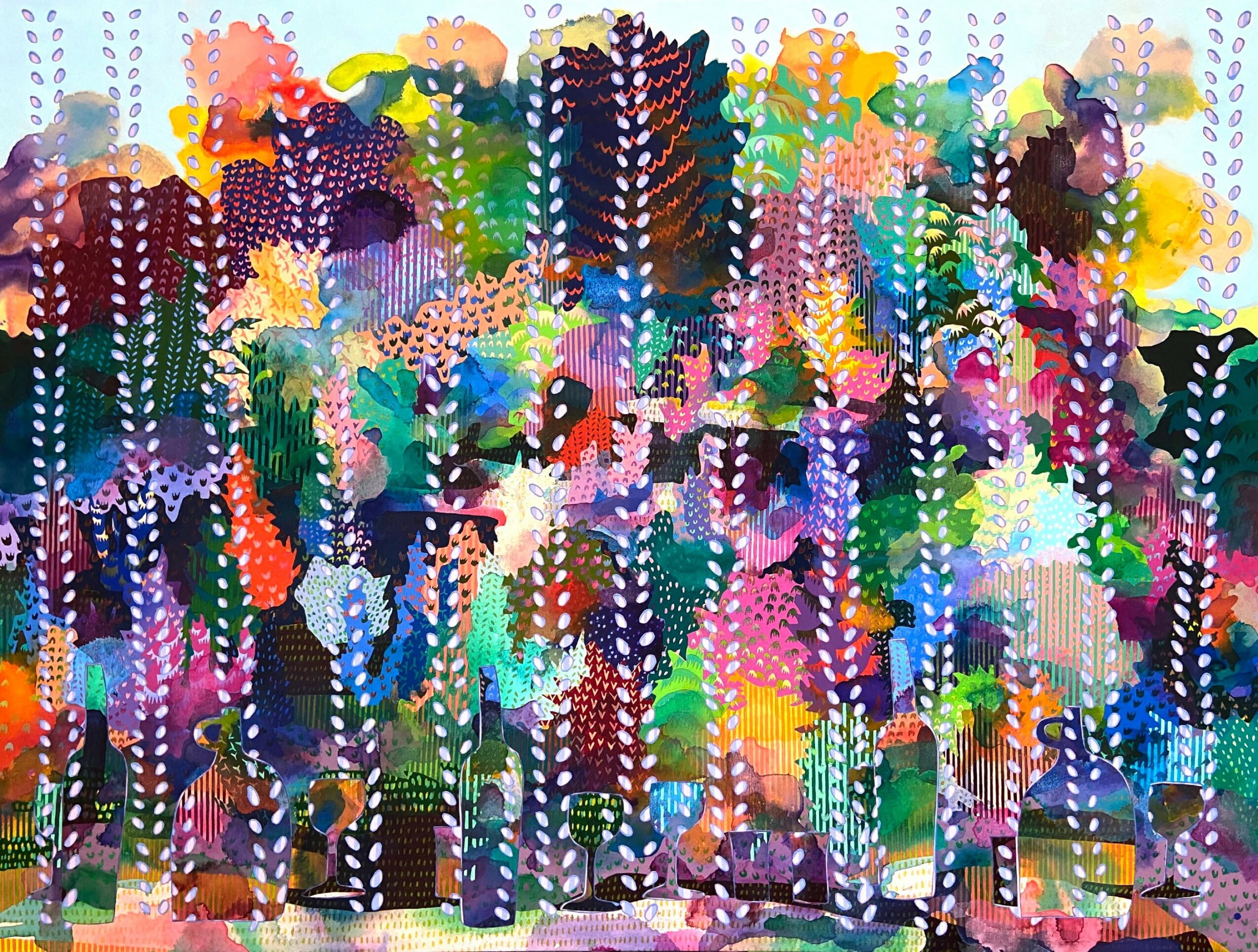 Colorful abstract painting with vibrant shapes resembling trees and foliage, filled with dots and brushstrokes, in a lively composition.