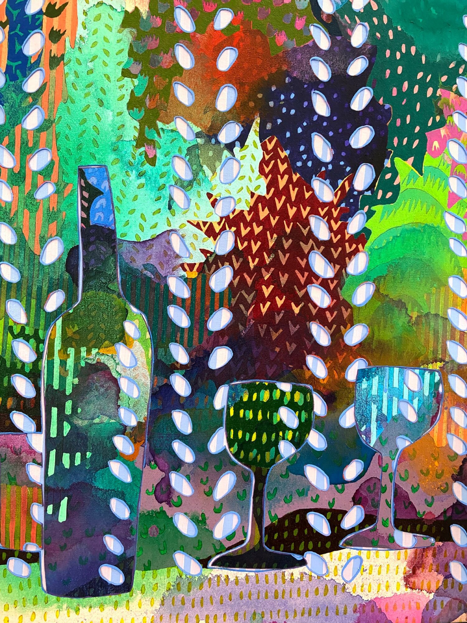 Colorful abstract forest scene with trees, leaves, and animals, featuring vibrant colors and patterns.
