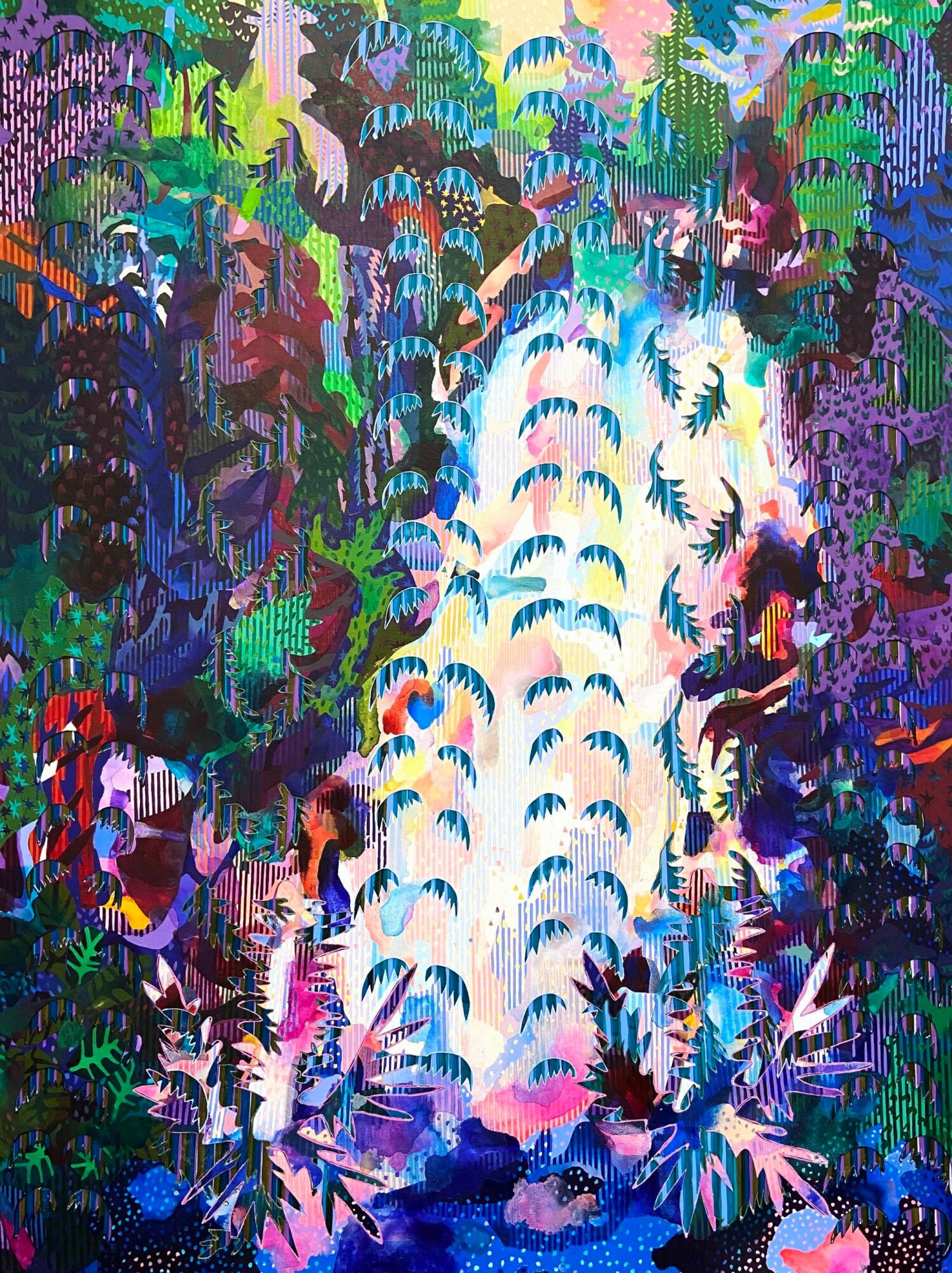 Colorful waterfall surrounded by lush green, purple, and pink foliage with abstract shapes and vibrant hues.