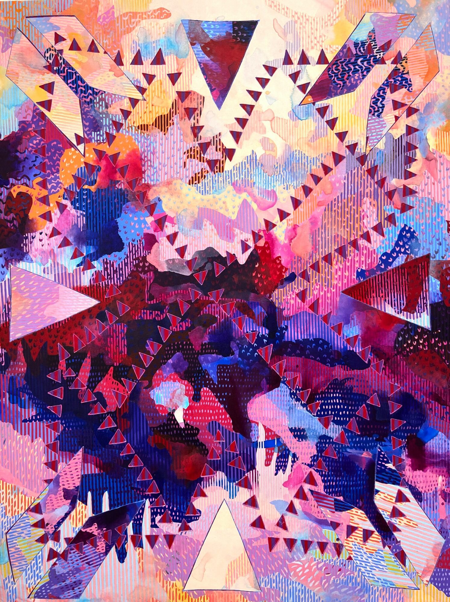 Abstract geometric artwork with triangles, triangles, and colorful patterns in pink, purple, blue, and red hues.