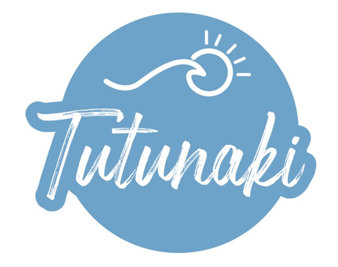Logo with a blue circle, a stylized sun, and the word 'Tutunaki' in white script.