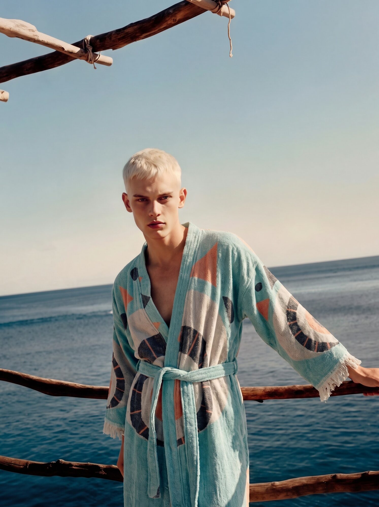 Person with short blonde hair wearing a patterned robe standing on a beach with ocean in background.
