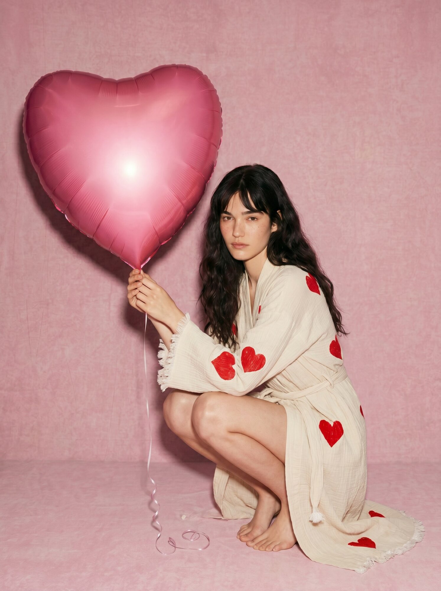 Woman with long dark hair holding a pink heart-shaped balloon, sitting on the floor against a pink background, wearing a white dress with red hearts.