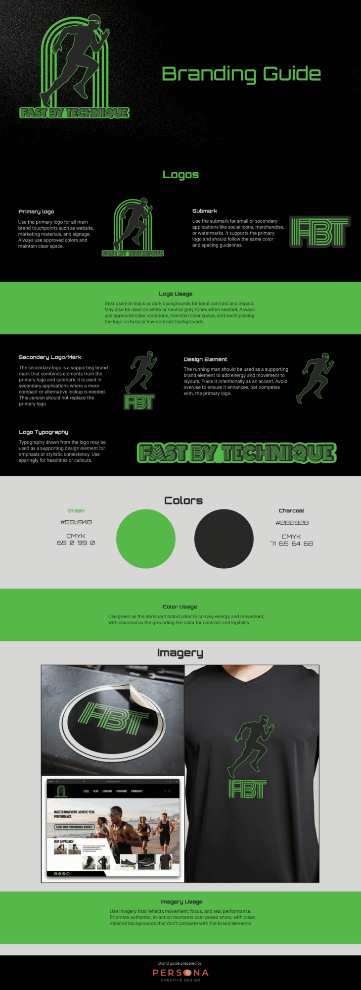 Vertical branding guide showing a green logo, typography, color swatches, and merchandise mockups.