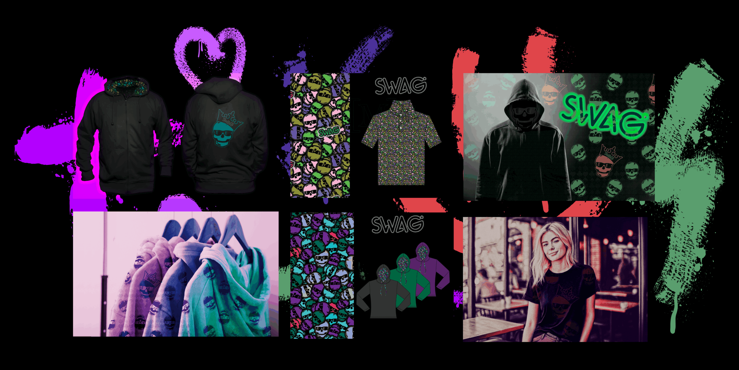 Dark collage of clothing and fashion models, with colorful graphics and stylized lettering.