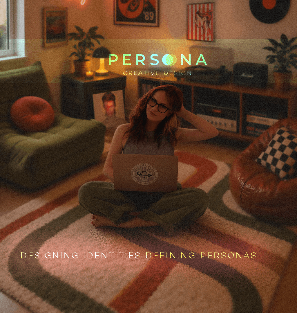 Person wearing glasses sits on a patterned rug with a laptop in a warmly lit living room.