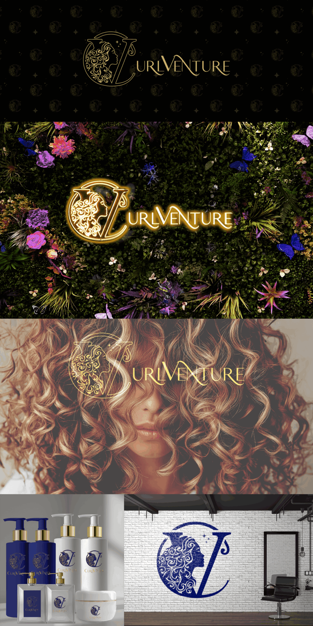 Four stacked product banners show a gold logo, flowers, a woman’s portrait, and skincare bottles beside a speaker.
