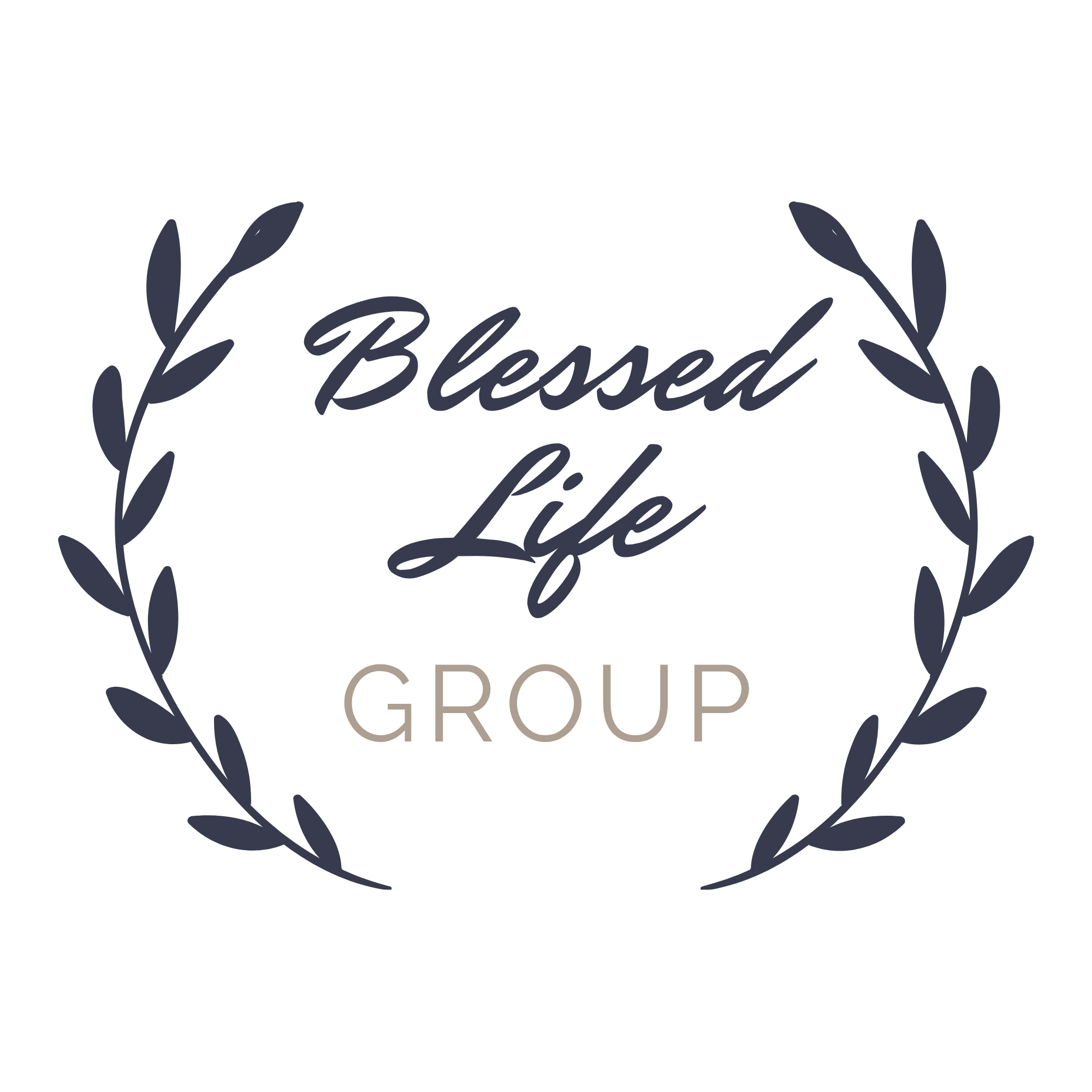 A navy laurel wreath surrounds the words “Blessed Life Group” on a white background.