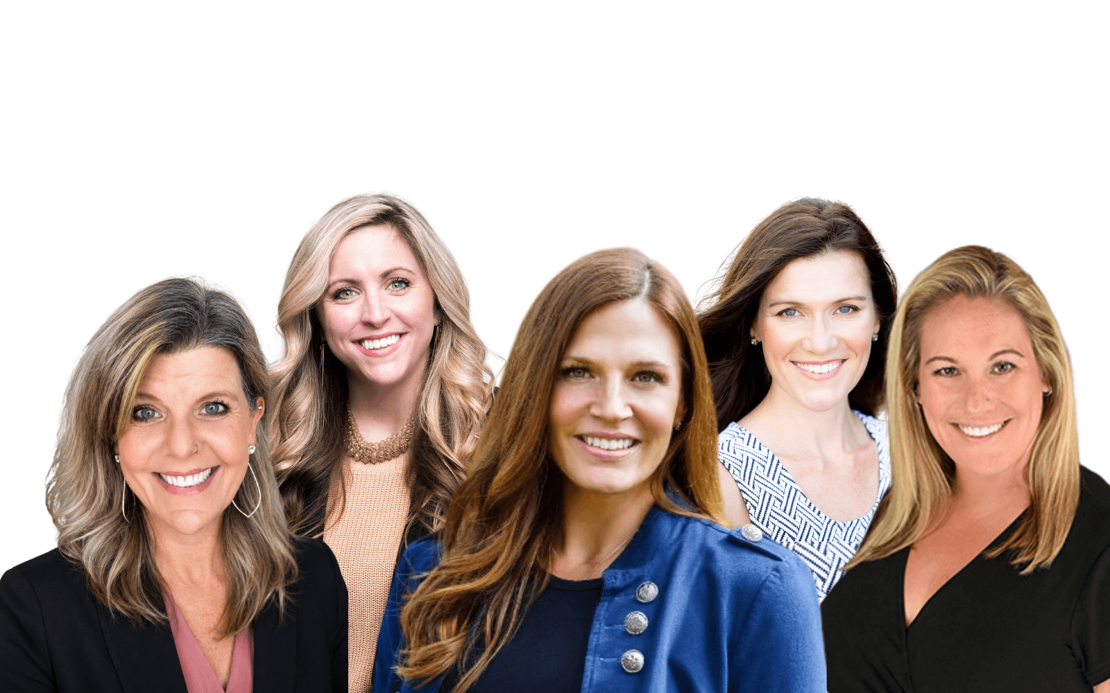 Five women stand together against a white background.