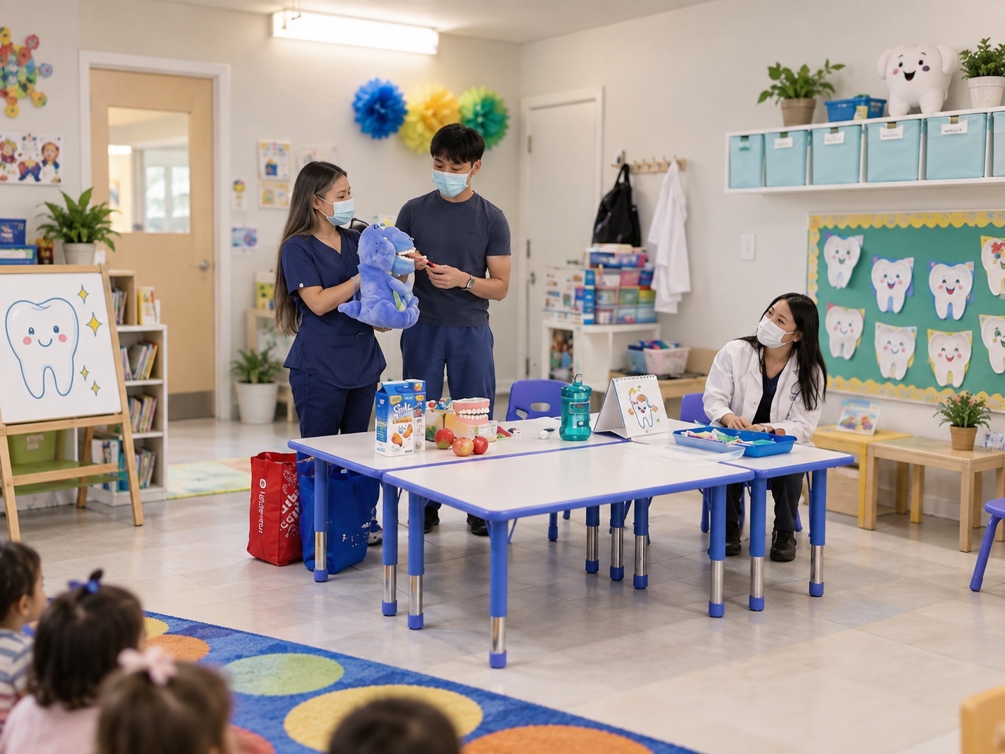 Two adults stand beside a classroom table while another adult sits nearby; children sit on a colorful rug.