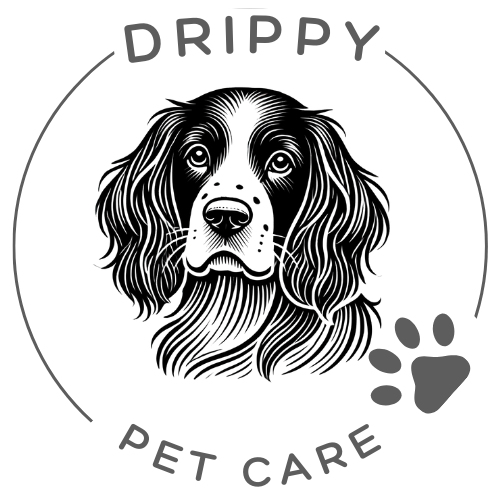 Black circular pet care badge with a white banner reading “DRIPPY” and a paw-print graphic.
