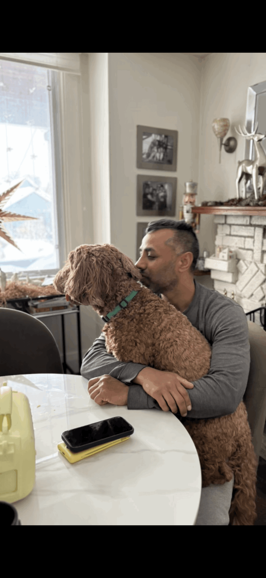 A person sits at a table holding a curly-haired dog beside a bright window.