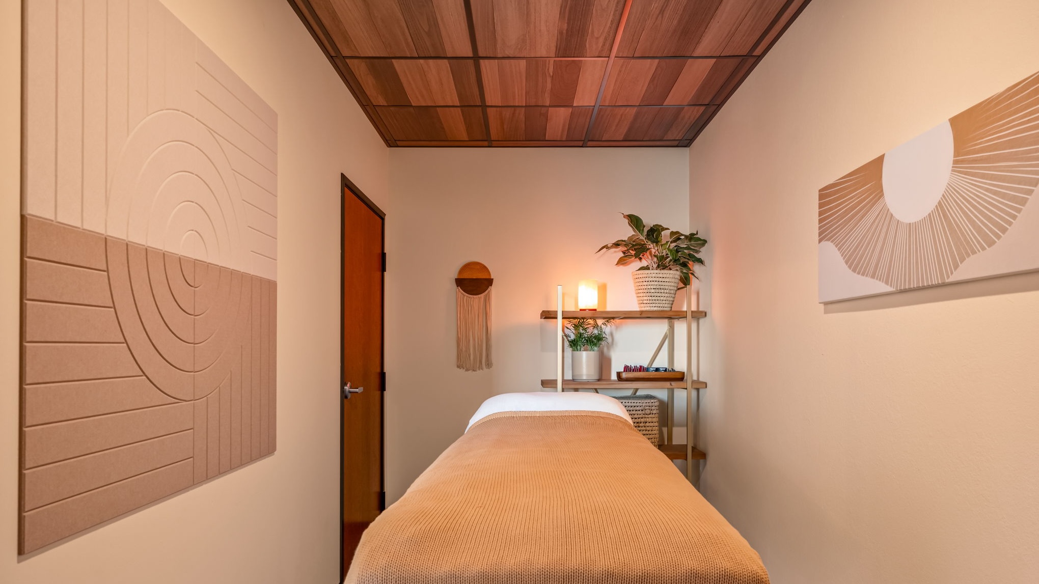 A neatly made bed in a warm-toned bedroom with wood ceiling panels, wall art, and a shelf with plants.