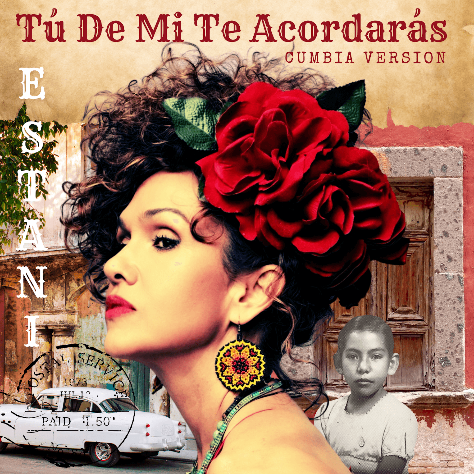 Album cover with a woman wearing red roses in her hair, a child, and Spanish text over a rustic background.