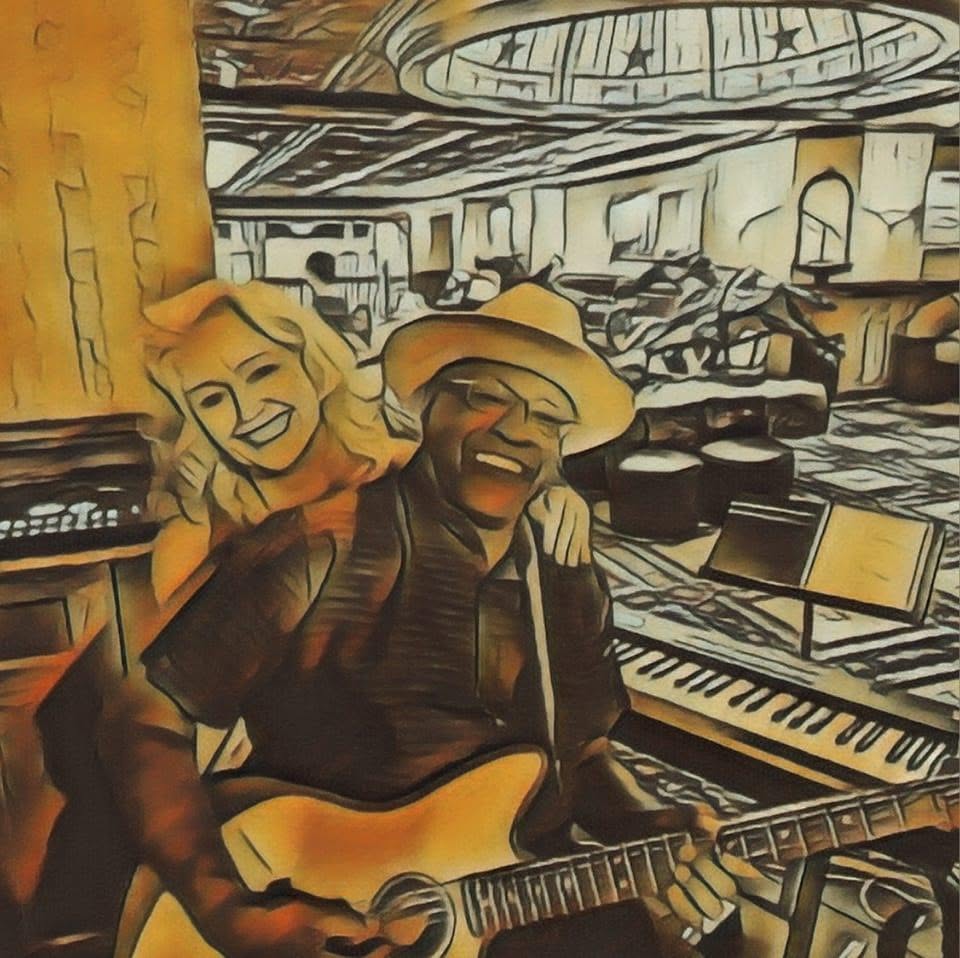 Illustration of two people smiling together in a music studio, with a guitar, keyboard, and recording equipment.