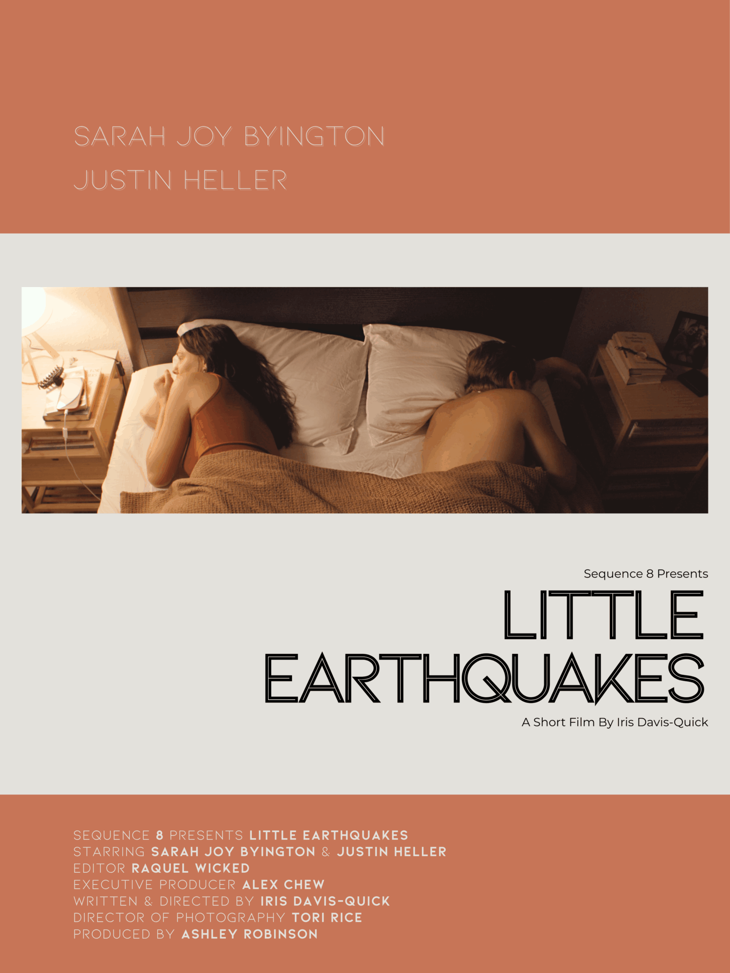Film poster for “Little Earthquakes,” with two people lying on a bed and credits below.