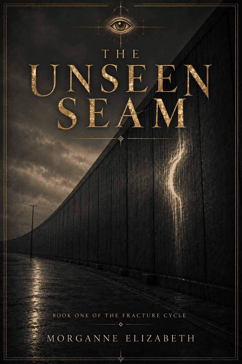 Dark book cover titled “The Unseen Seam,” with an eye symbol, a long black wall, and a narrow streak of light.