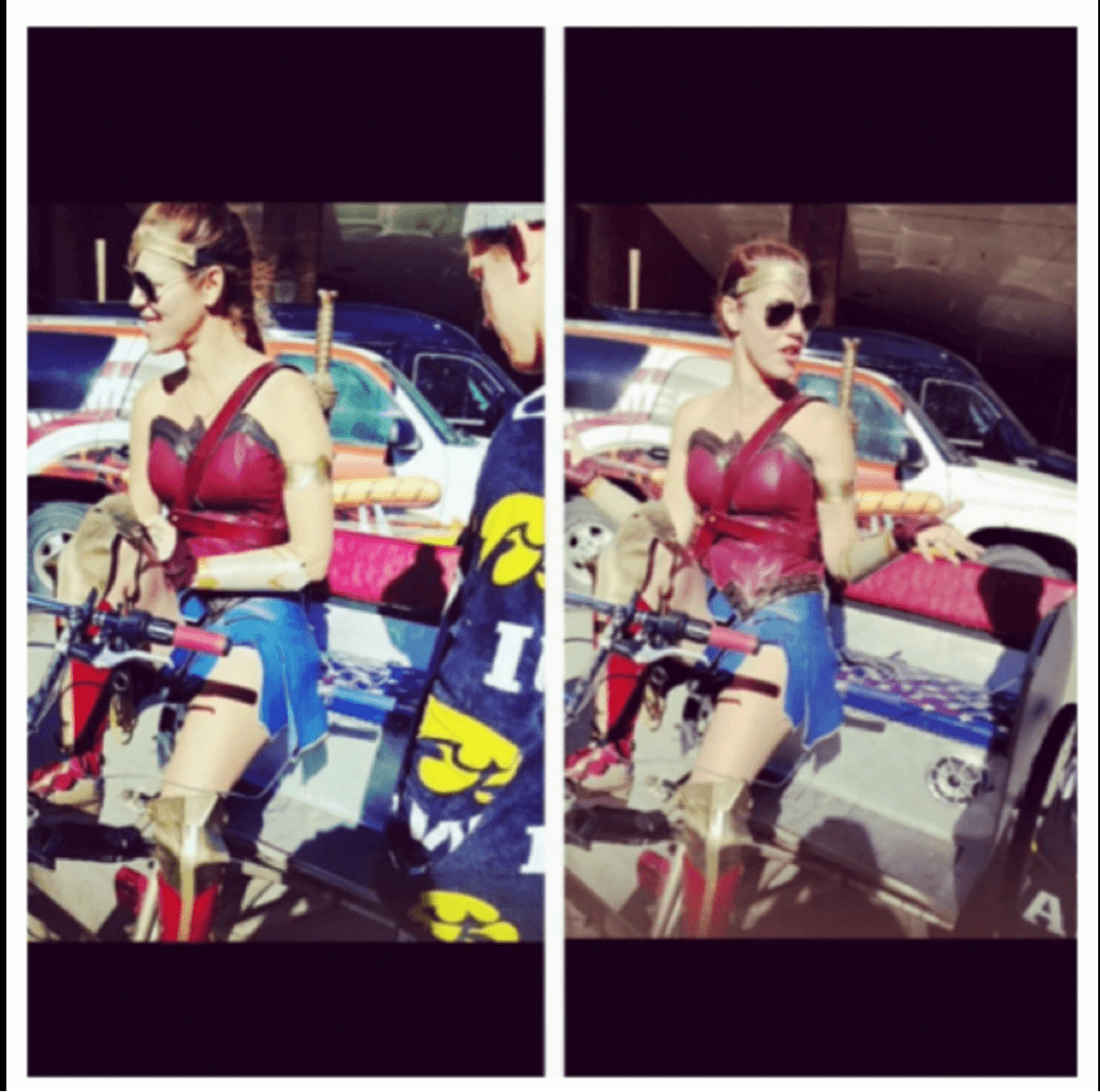 Two side-by-side photos show a person in sunglasses and a red top standing beside a bicycle and colorful vehicles.