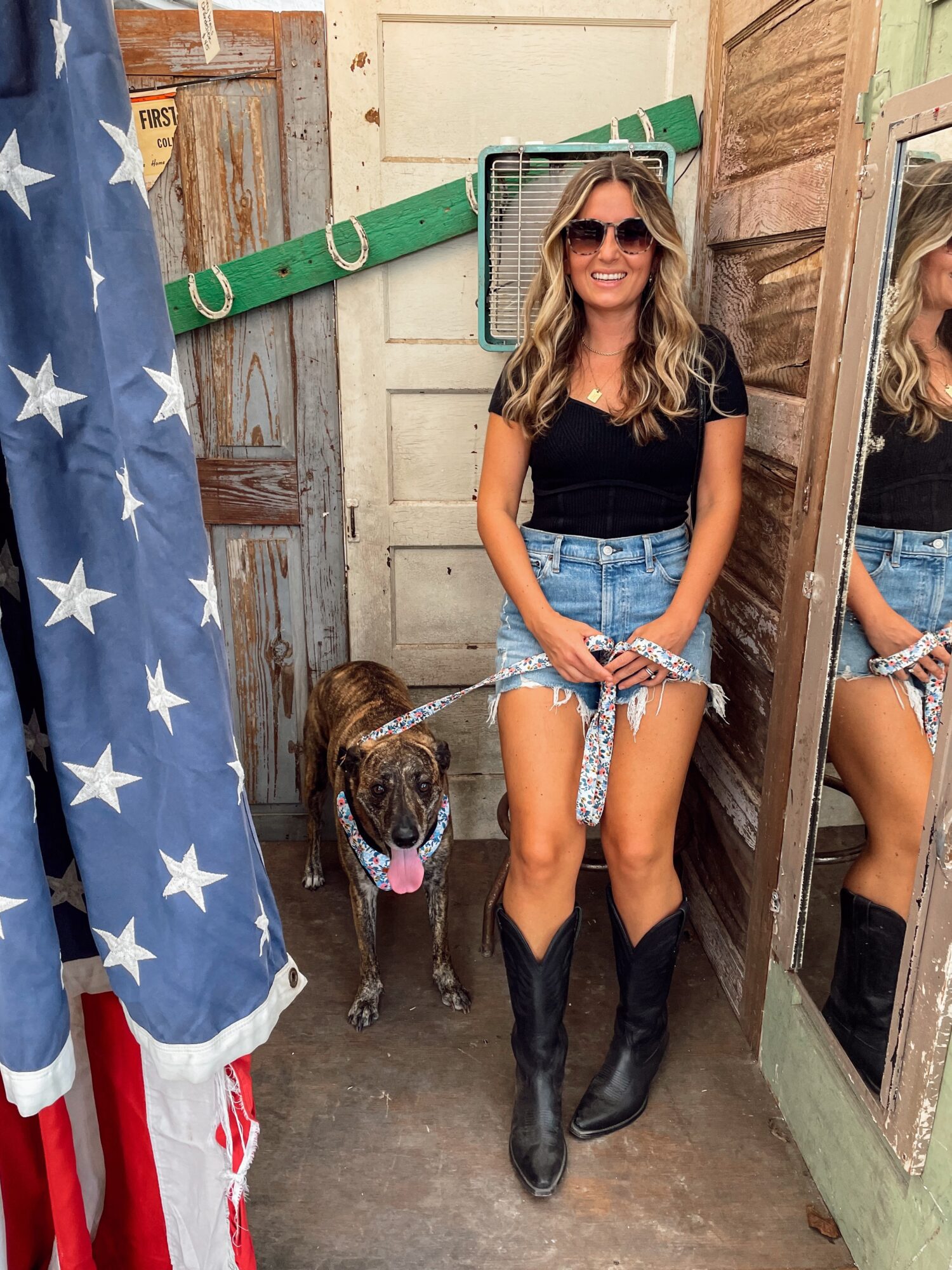 A person stands beside a dog in a doorway, with an American flag and a mirror nearby.