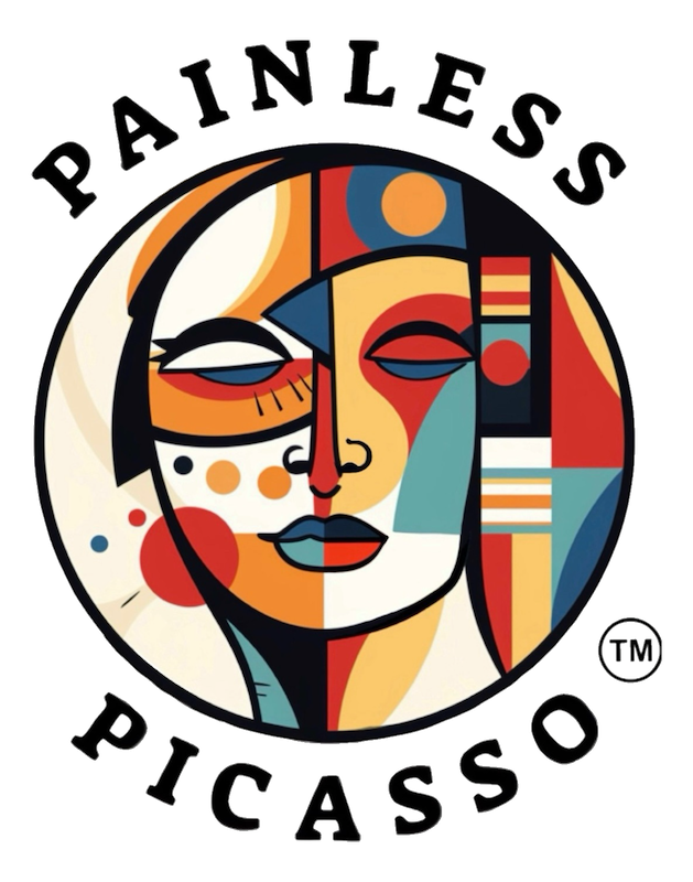 Circular stylized portrait with geometric facial features, colorful shapes, and curved text reading “Painless Picasso.”