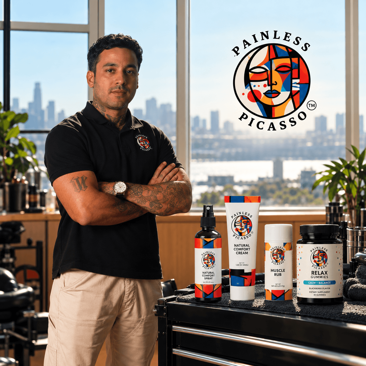Person standing beside a counter displaying several Painless Picasso grooming products, with a city skyline visible through the windows.