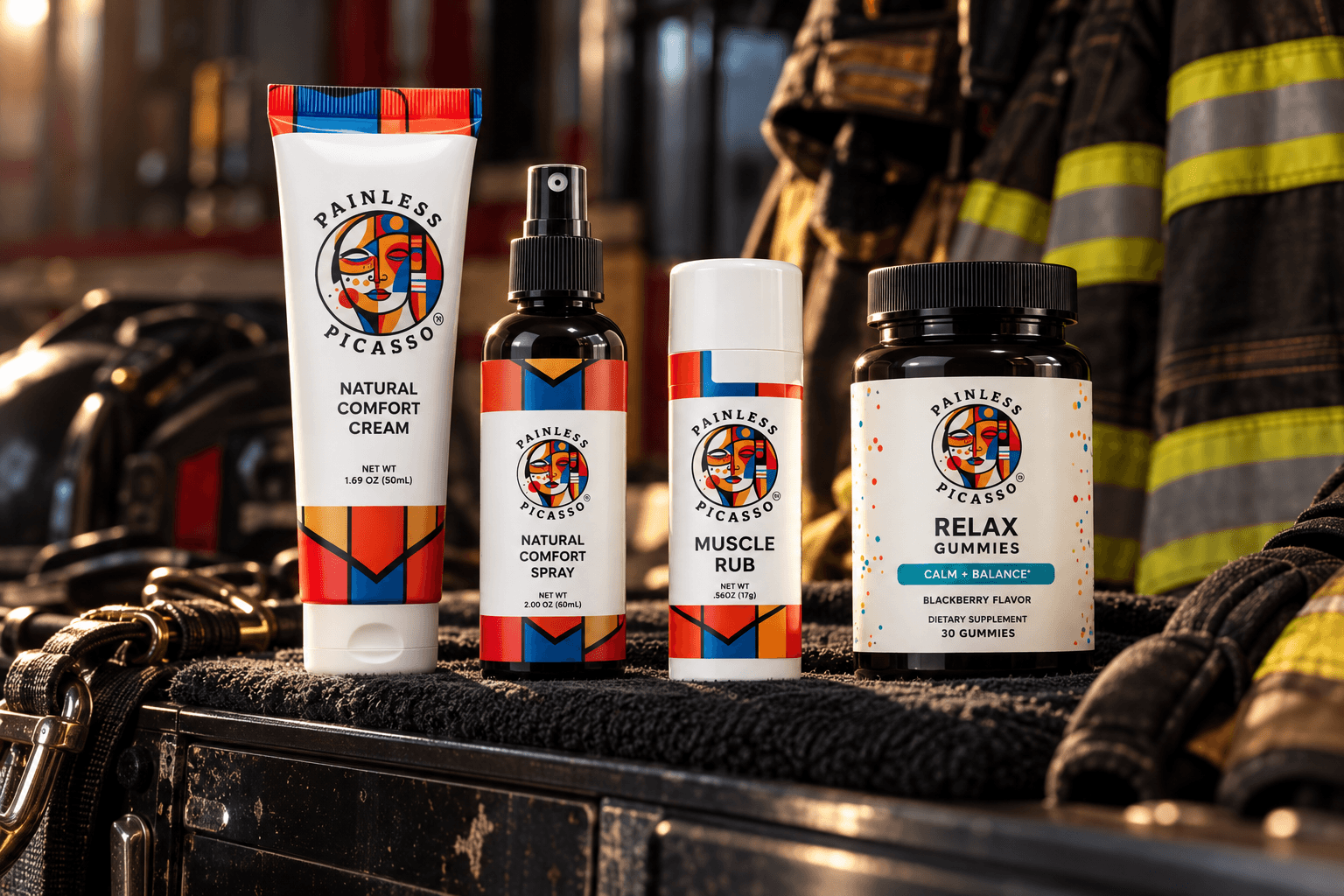 Four skincare products sit on a dark workbench beside protective gear and hoses.