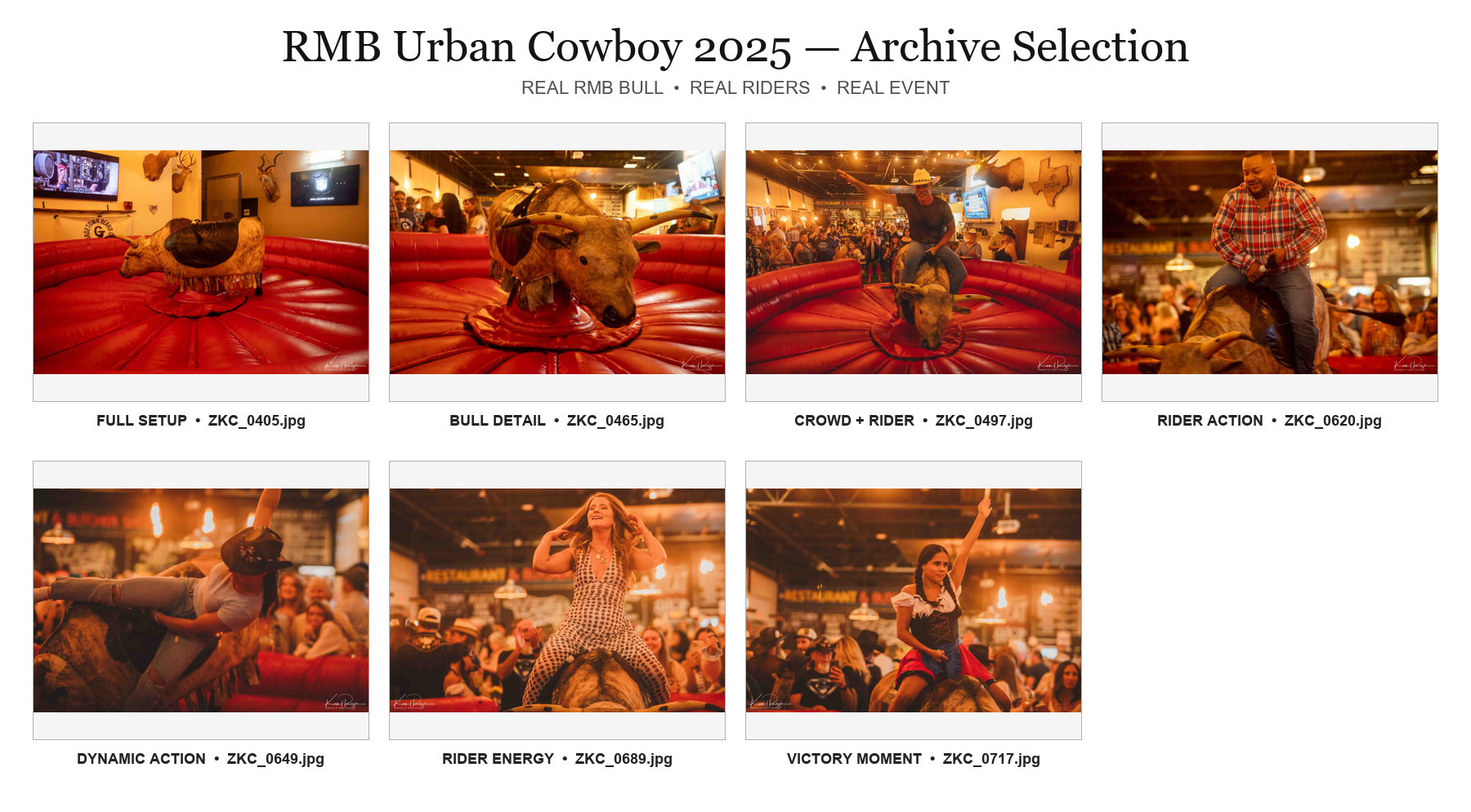 A contact sheet of seven rodeo photographs beneath the title “RMB Urban Cowboy 2025 – Archive Selection.”