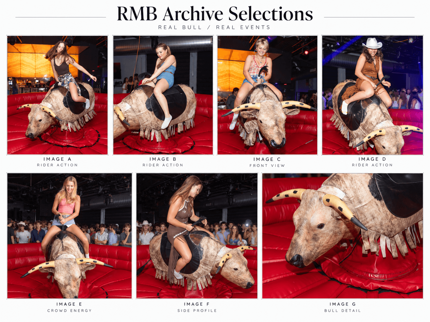 A collage of six rodeo event photographs showing people riding mechanical bulls, with one close-up of a bull.