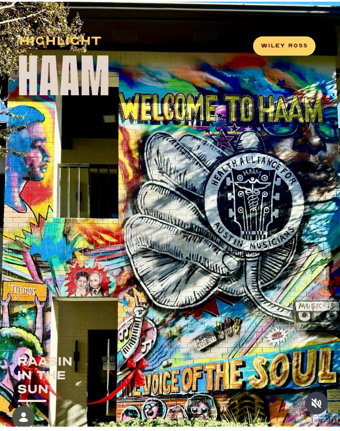 Colorful mural with the words “Welcome to Haam” and “Voice of the Soul,” featuring a large hand and musical imagery.