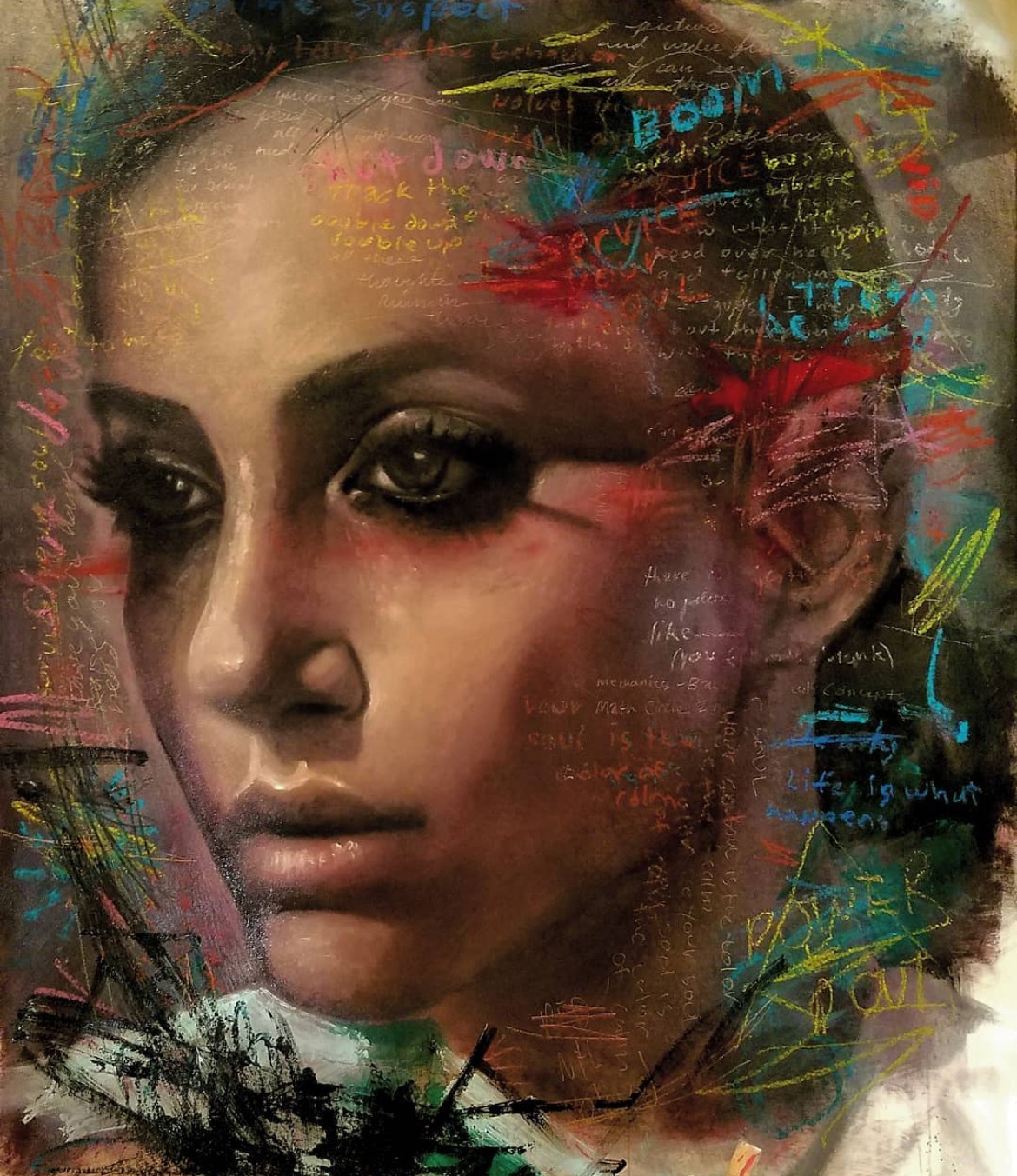 Close-up painted portrait of a person with dark eyes, overlaid with colorful handwritten marks and abstract strokes.