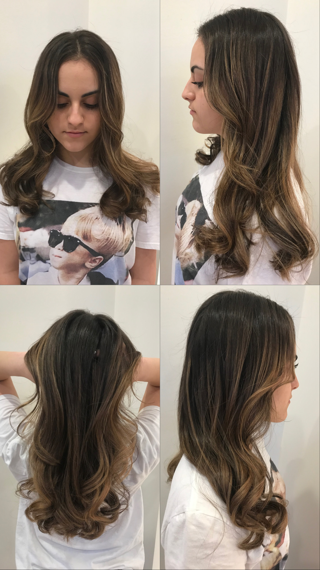 Four-panel collage showing a person with long brown hair from front, side, and back views.