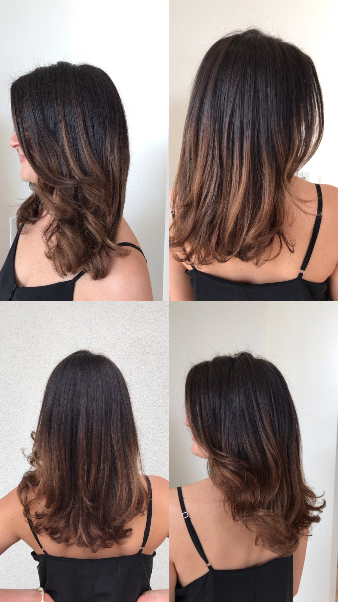 Four views of a person with shoulder-length dark brown hair with lighter ends, wearing a black top.