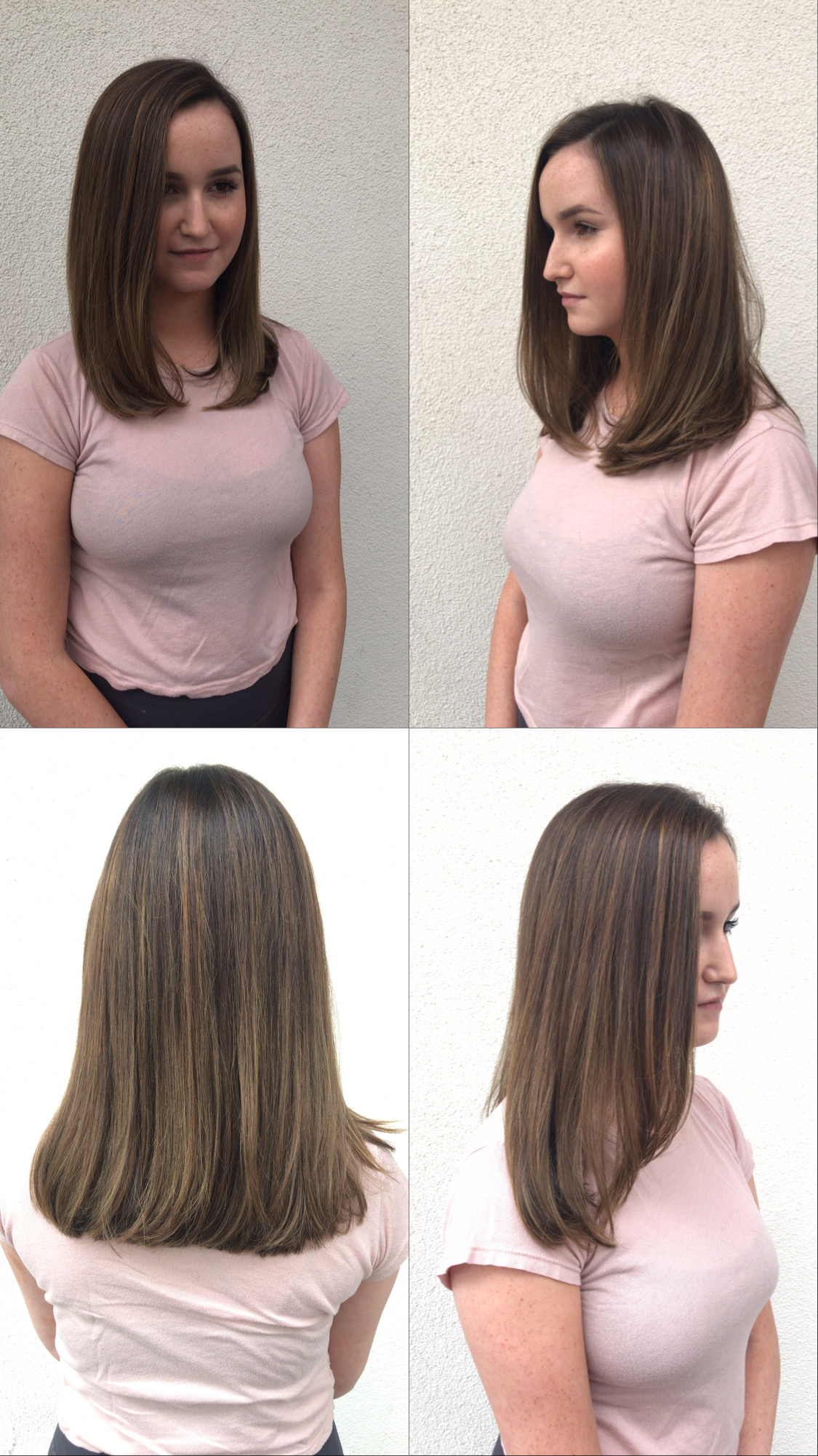 Four-panel collage showing a person with shoulder-length brown hair from front, side, and back views.